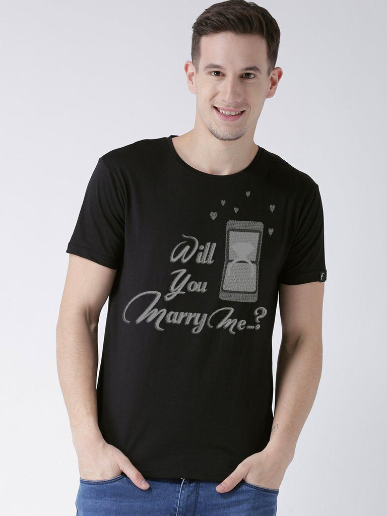 Marry me Printed Half Sleeve Black(Men) red(Women) Color Printed Couple Tshirts - Young Trendz
