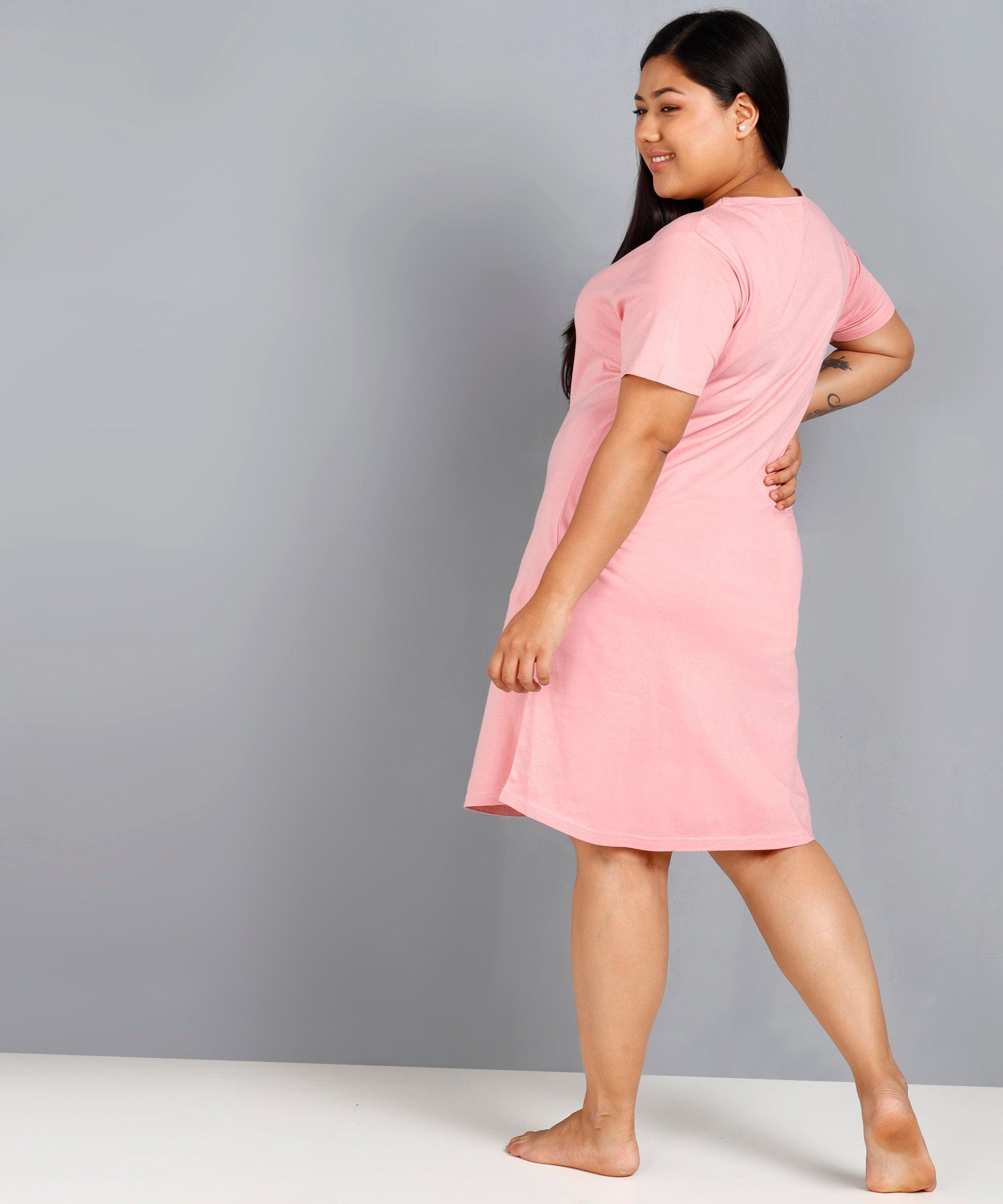 Womens Solid Plus Size Night Dress (Pink) - Young Trendz