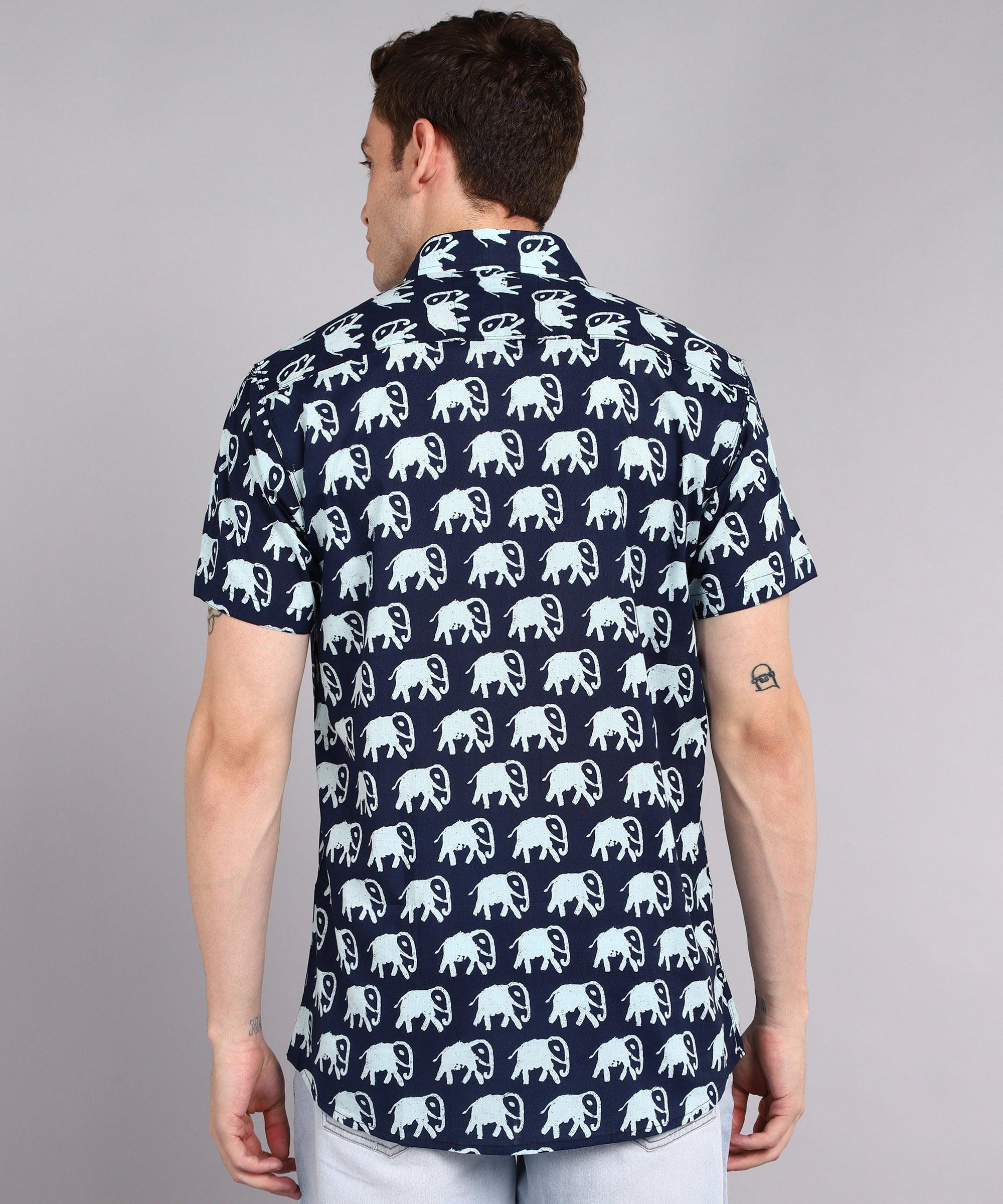 Mens Half Sleeve Casual Printed Shirt (Navy) - Young Trendz