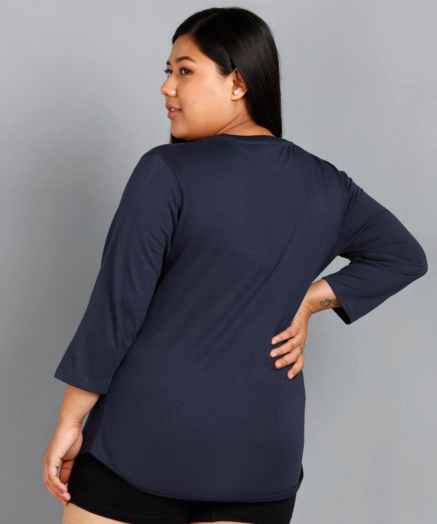 Womens Round Neck 3/4 Sleeve Solid T.shirts Plus Size (Navy) - Young Trendz