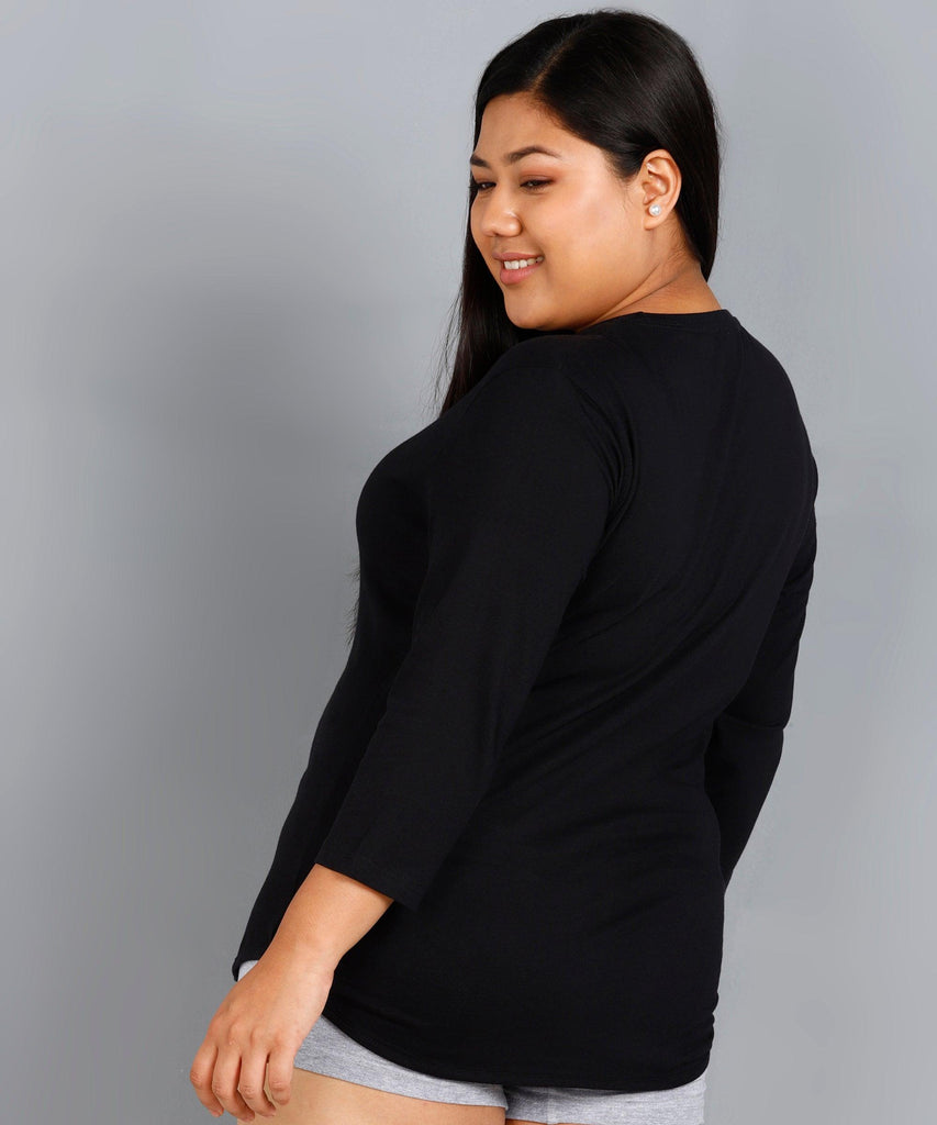 Womens Round Neck 3/4 Sleeve Solid T.shirts Plus Size (Black) - Young Trendz