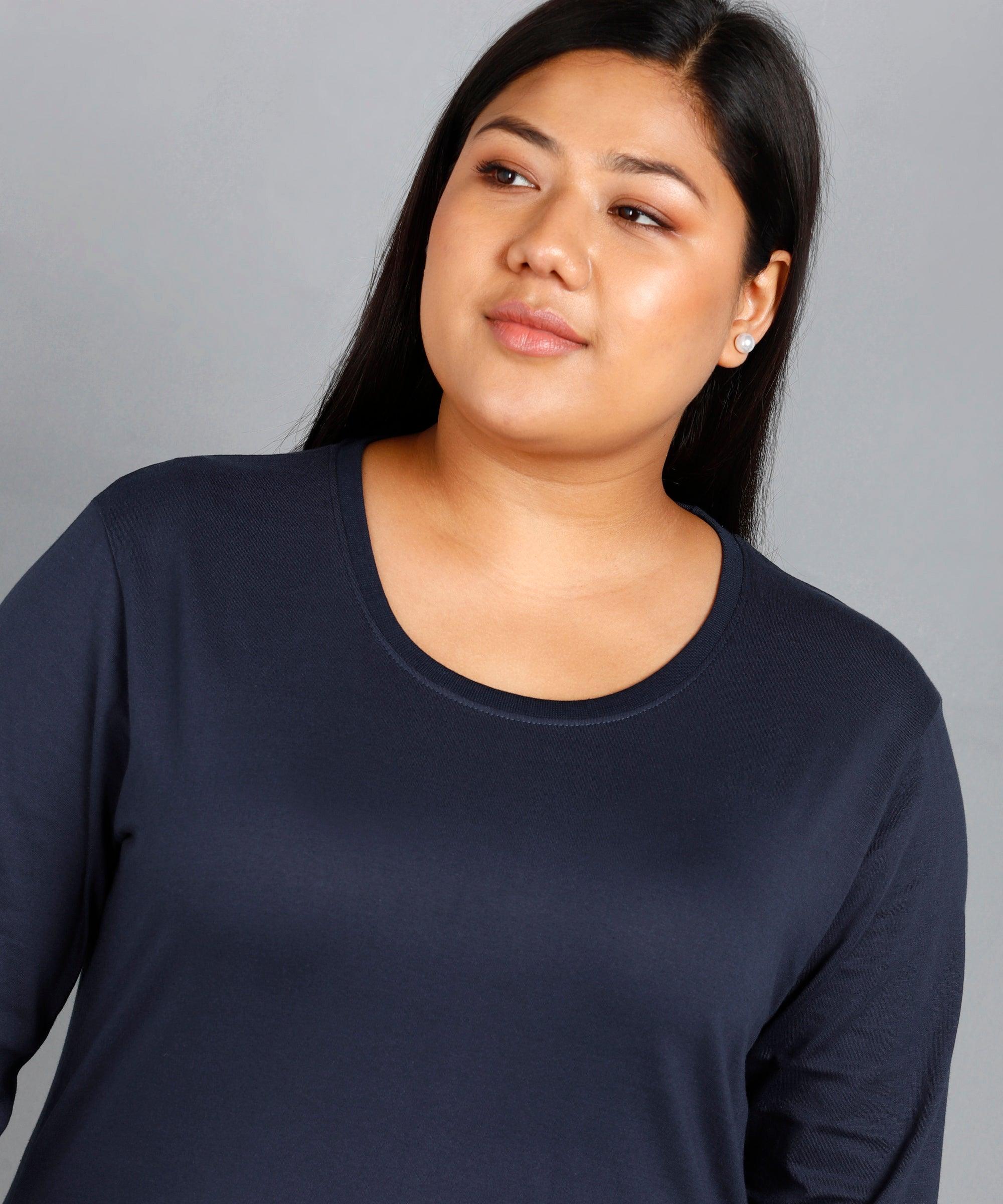 Womens Round Neck 3/4 Sleeve Solid T.shirts Plus Size (Navy) - Young Trendz