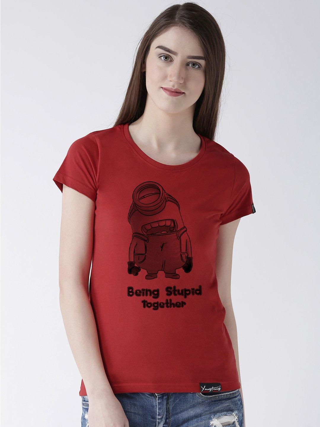 Minions Printed Red Color Couple Tshirts - Young Trendz