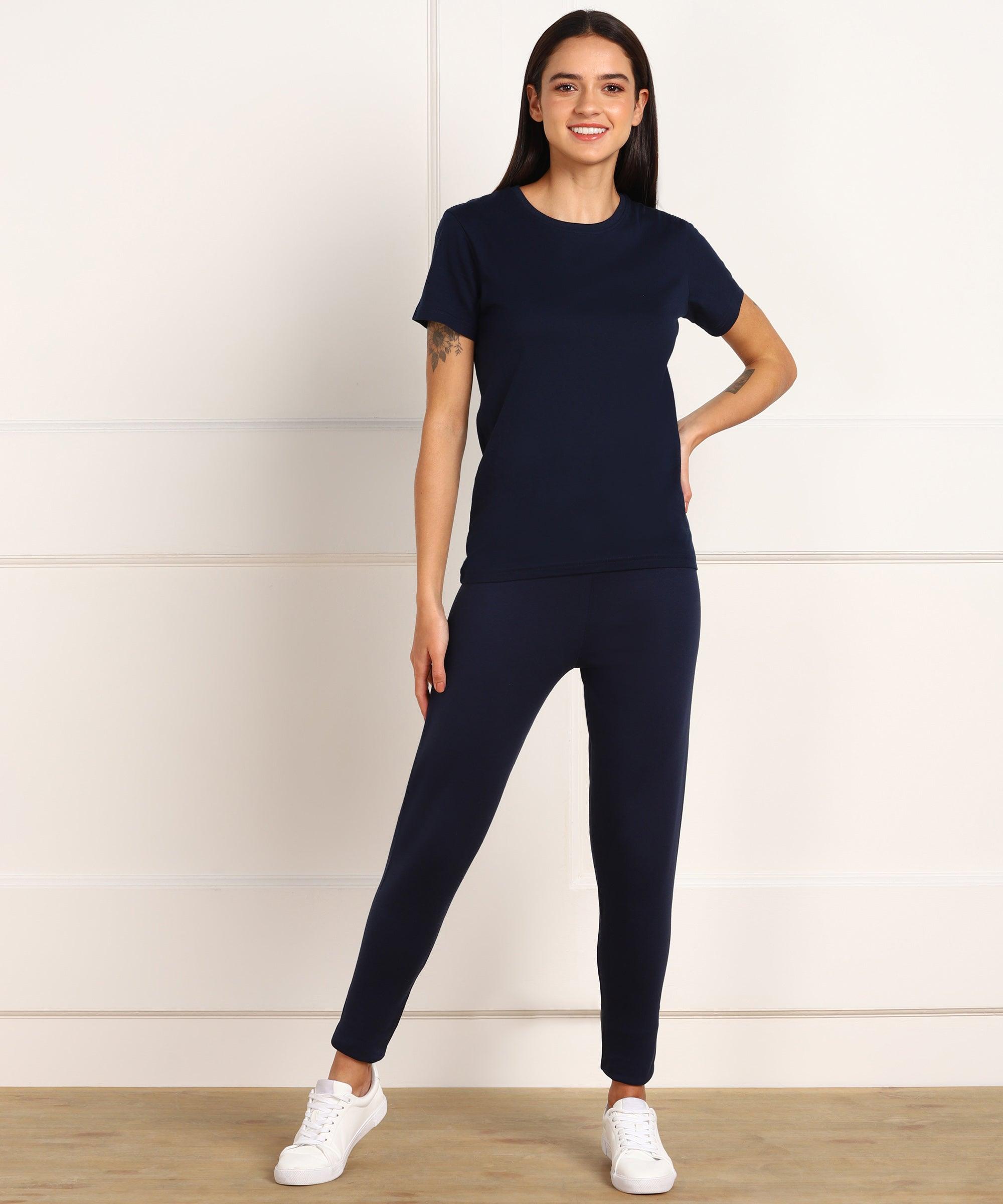 Womens Lounge Wear Regular Fit T-Shirt And Solid Tights Set - Young Trendz