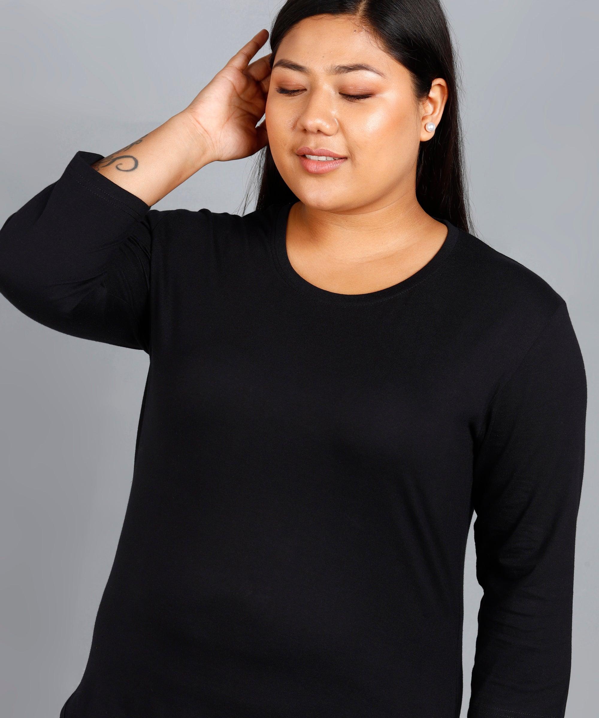 Womens Round Neck 3/4 Sleeve Solid T.shirts Plus Size (Black) - Young Trendz