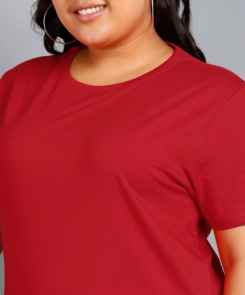 Womens Plus Size Solid Round Neck T.shirt (Red) - Young Trendz
