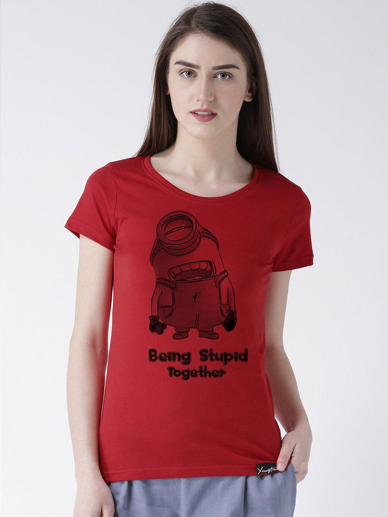 Minions Printed Grey(Men) Red(Women) Color Printed Couple Tshirts - Young Trendz