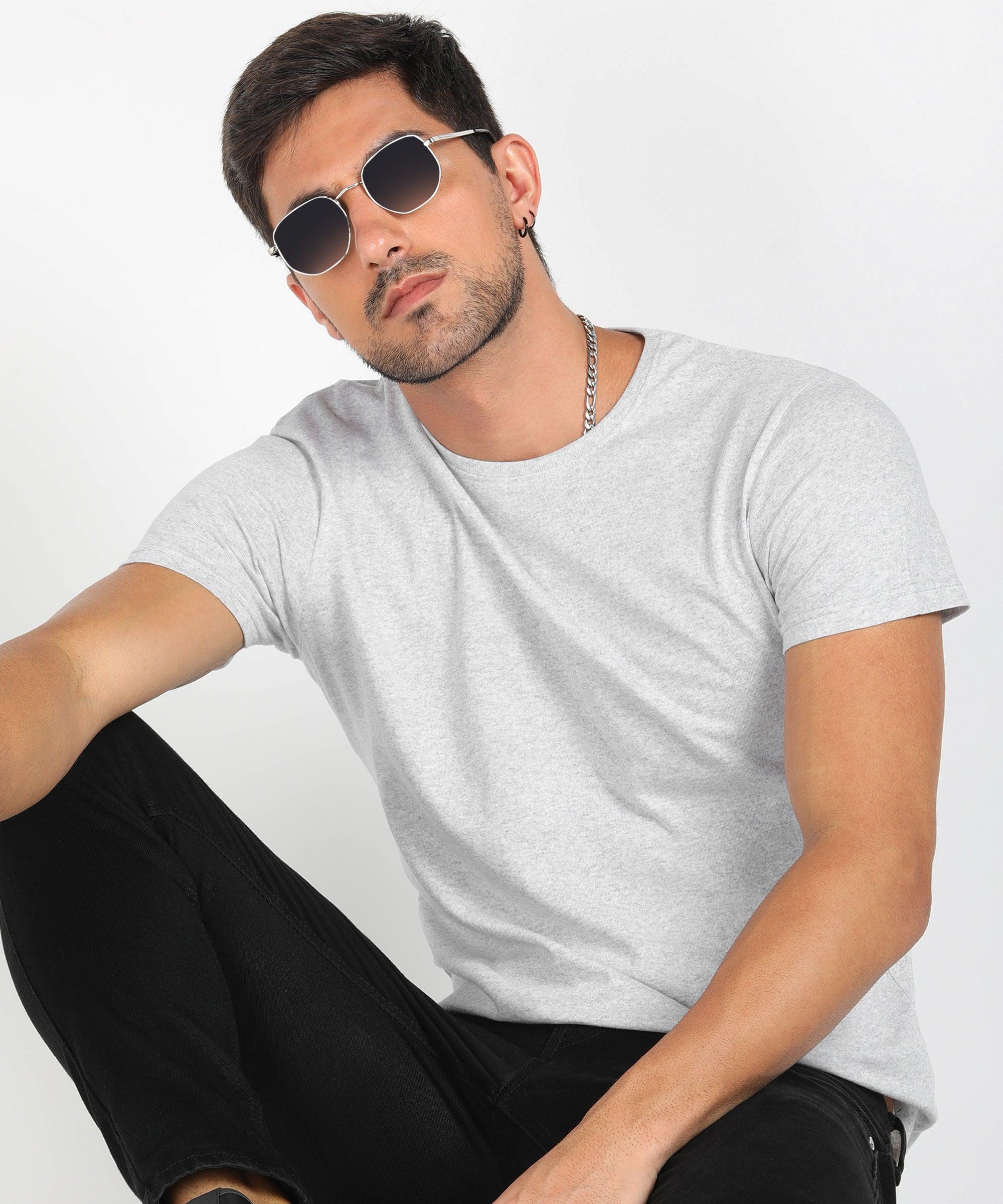 Young Trendz Men Halfsleeve Solid Tshirt (White Melange) - Young Trendz