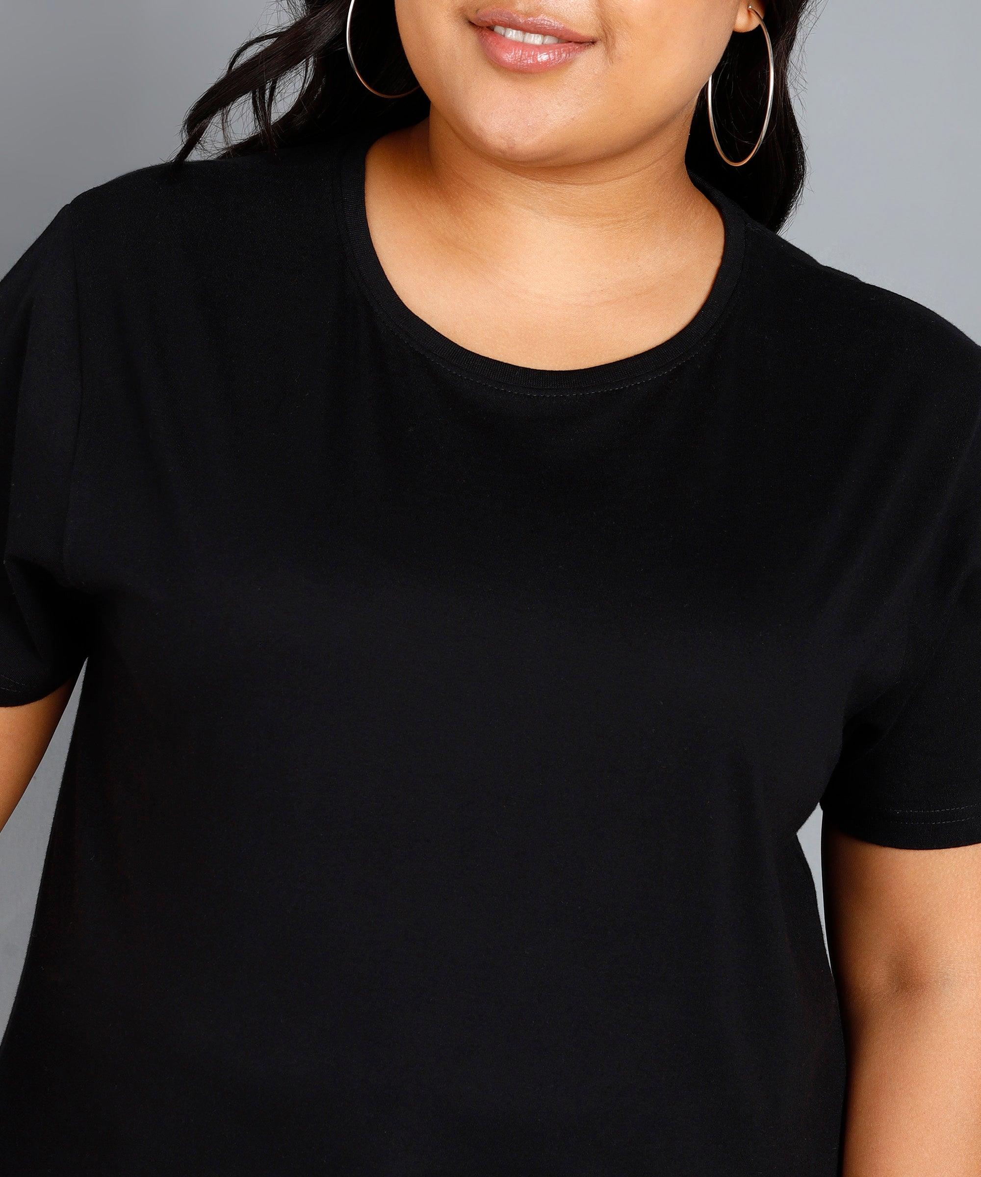 Womens Plus Size Solid Round Neck T.shirt (Black) - Young Trendz