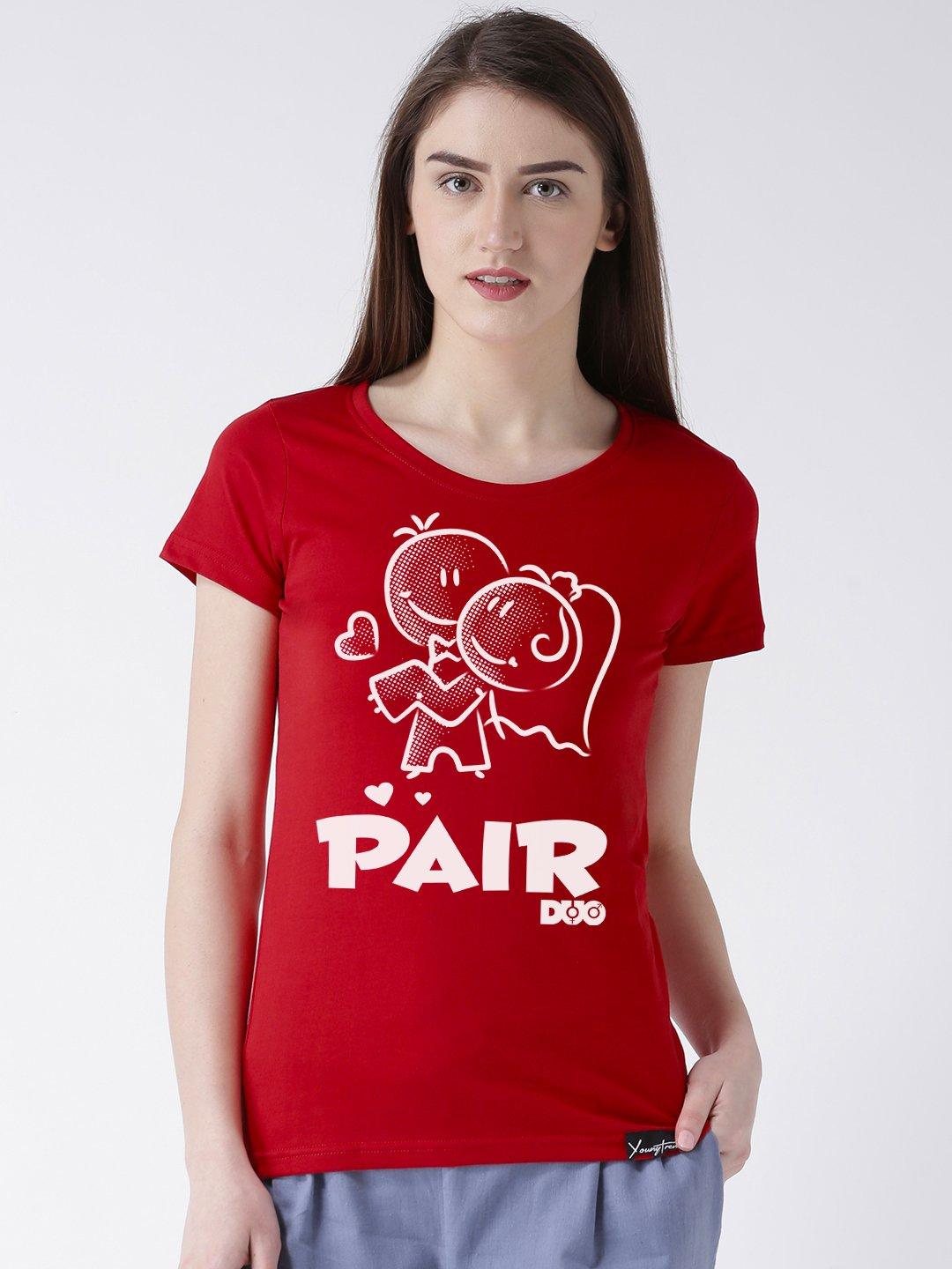 Half Sleeve Grey(Men) red(Women) Color Printed Couple Tshirts - Young Trendz