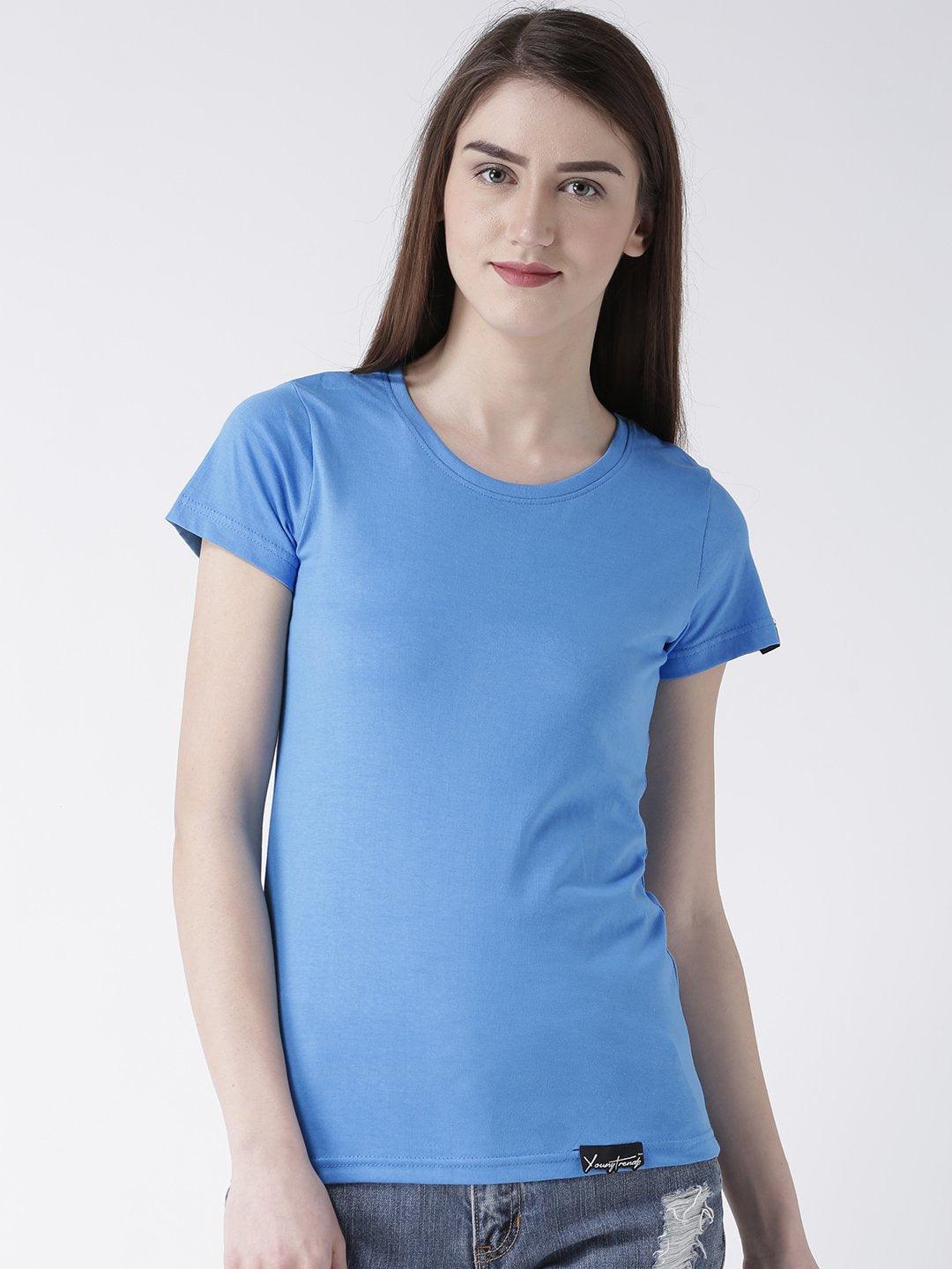 DUO-Half Sleeve Skyblue Color Plain Couple Tshirts - Young Trendz