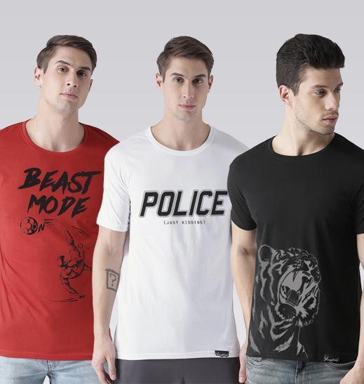 Young Trendz Mens Combo Beast Red Color Police White Color and Tiger Black Color Half Sleeve Printed T-Shirts - Young Trendz