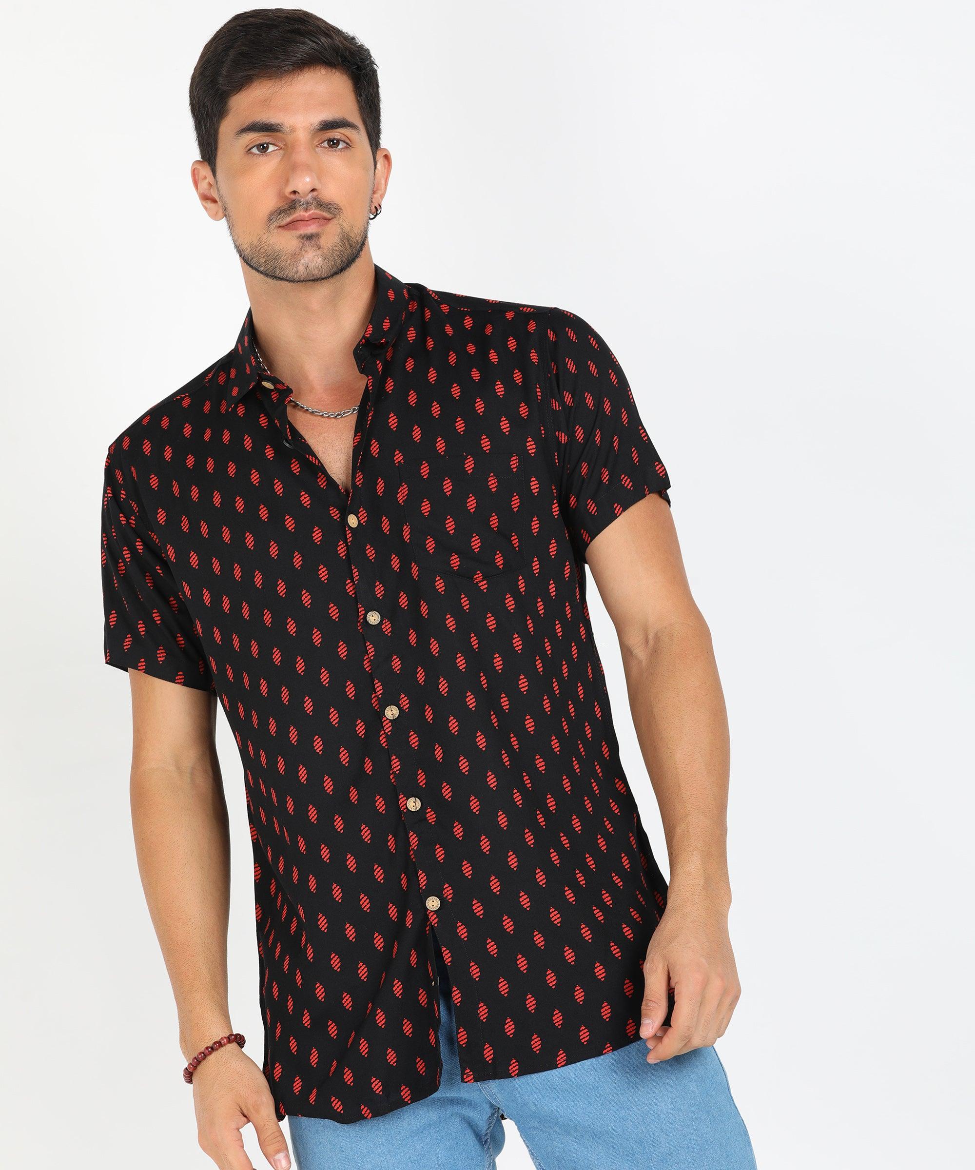 Mens Half Sleeve Casual Printed Shirt (Black) - Young Trendz