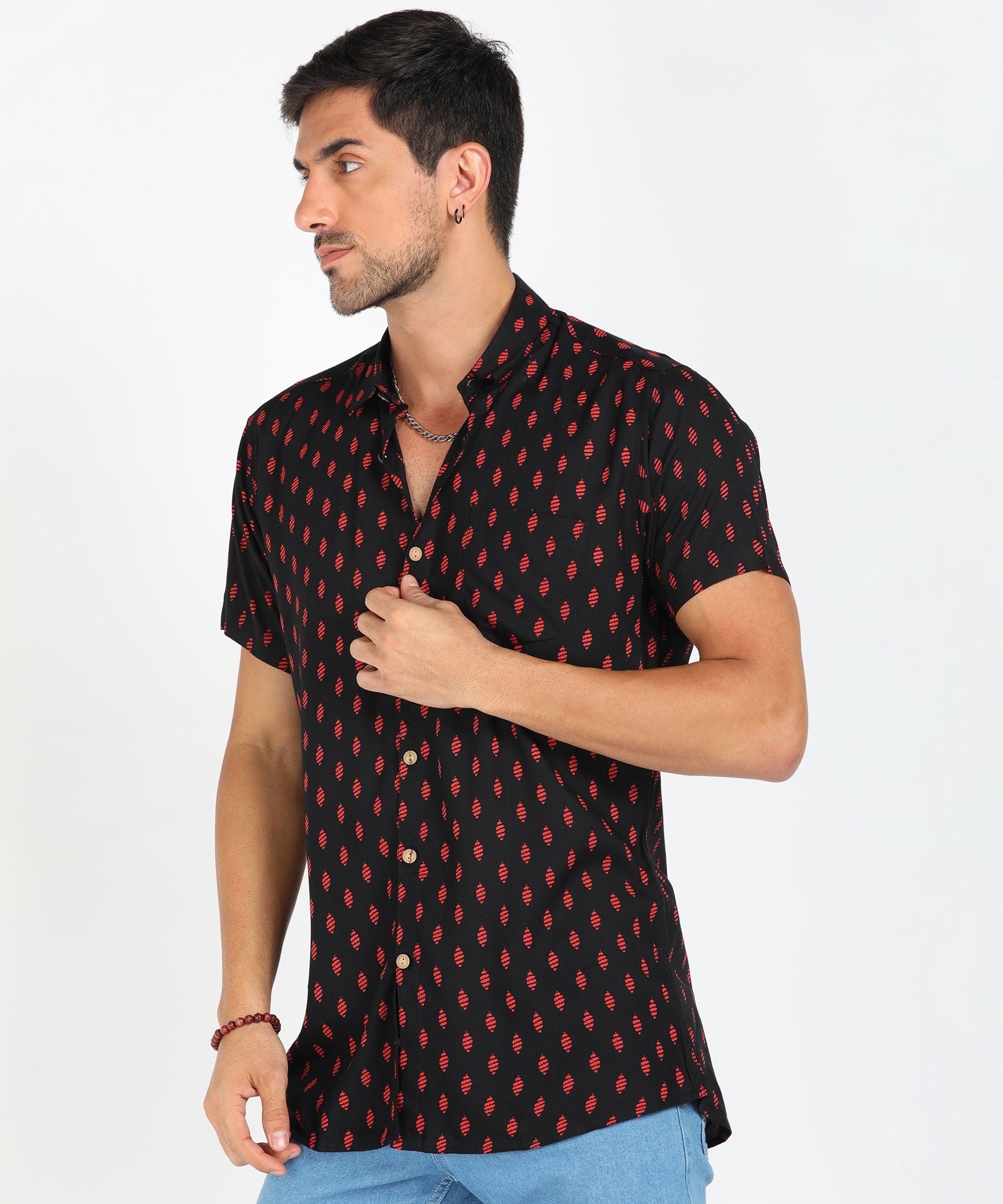 Mens Half Sleeve Casual Printed Shirt (Black) - Young Trendz