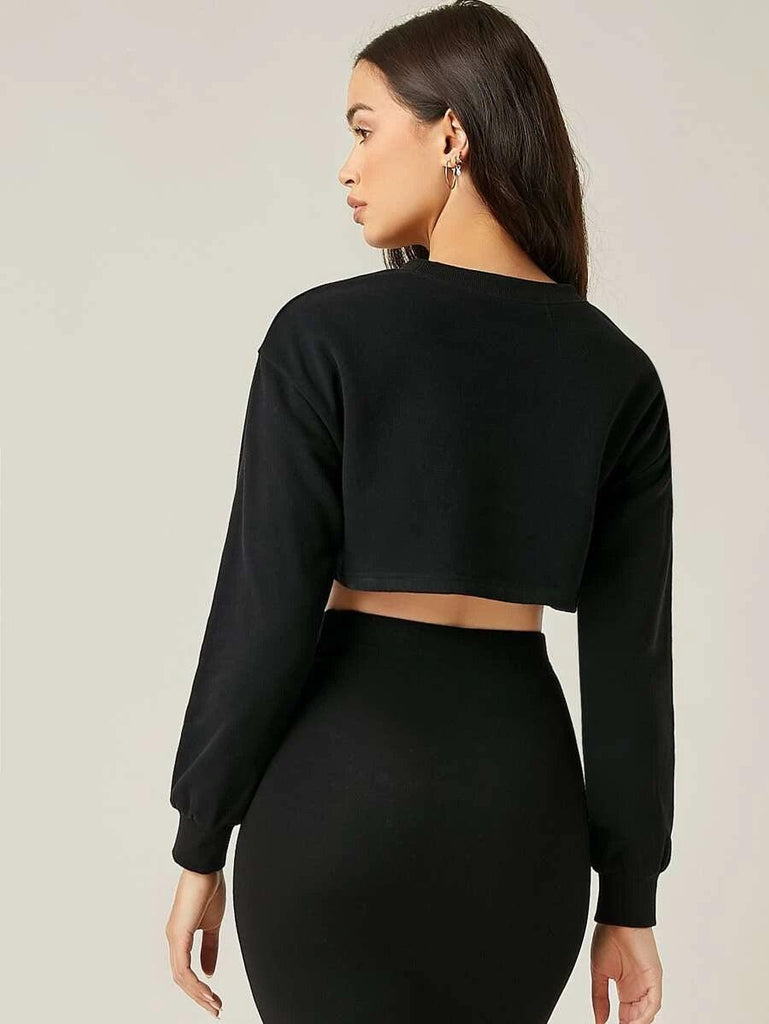Womens Boxy Crop Full Sleeve Solid Sweatshirt (BLACK) - Young Trendz
