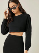 Womens Boxy Crop Full Sleeve Solid Sweatshirt (BLACK) - Young Trendz