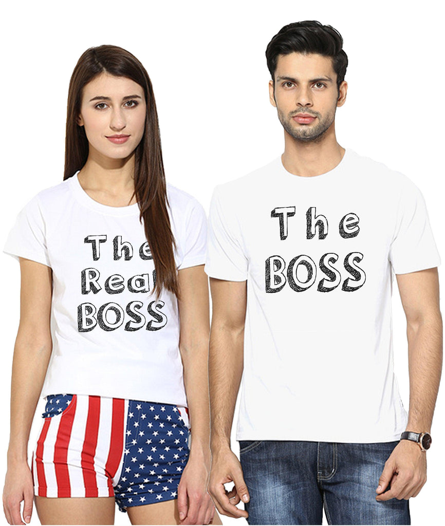 Young Trendz Bio-Wash Cotton Half Sleeve BOSS Couple Graphic Printed WHITE T-Shirt