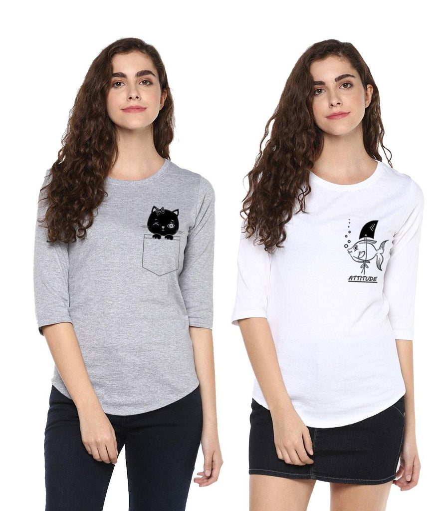 Young Trendz Womens Combo 3/4th Sleeve Cat Printed Grey Color and Fish Printed White Color Tshirts - Young Trendz