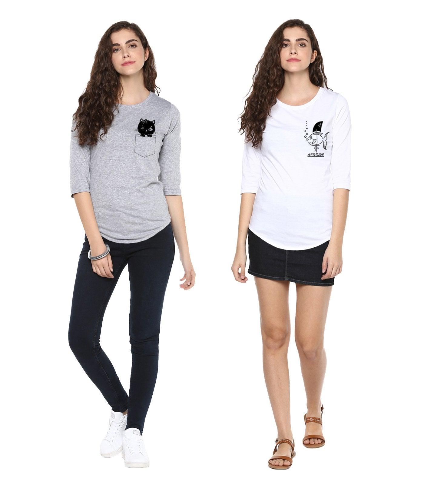 Young Trendz Womens Combo 3/4th Sleeve Cat Printed Grey Color and Fish Printed White Color Tshirts - Young Trendz