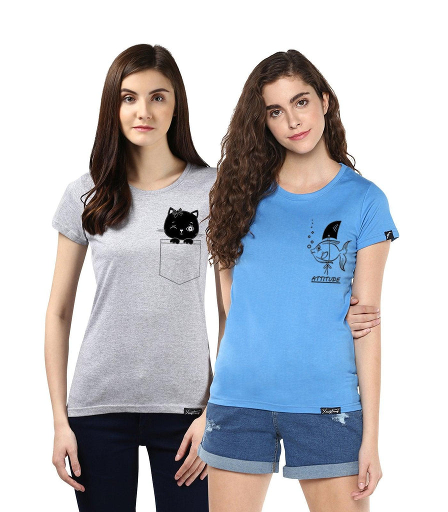 Young Trendz Womens Combo Half Sleeve Cat Printed Grey Color and Fish Printed Skyblue Color Tshirts - Young Trendz