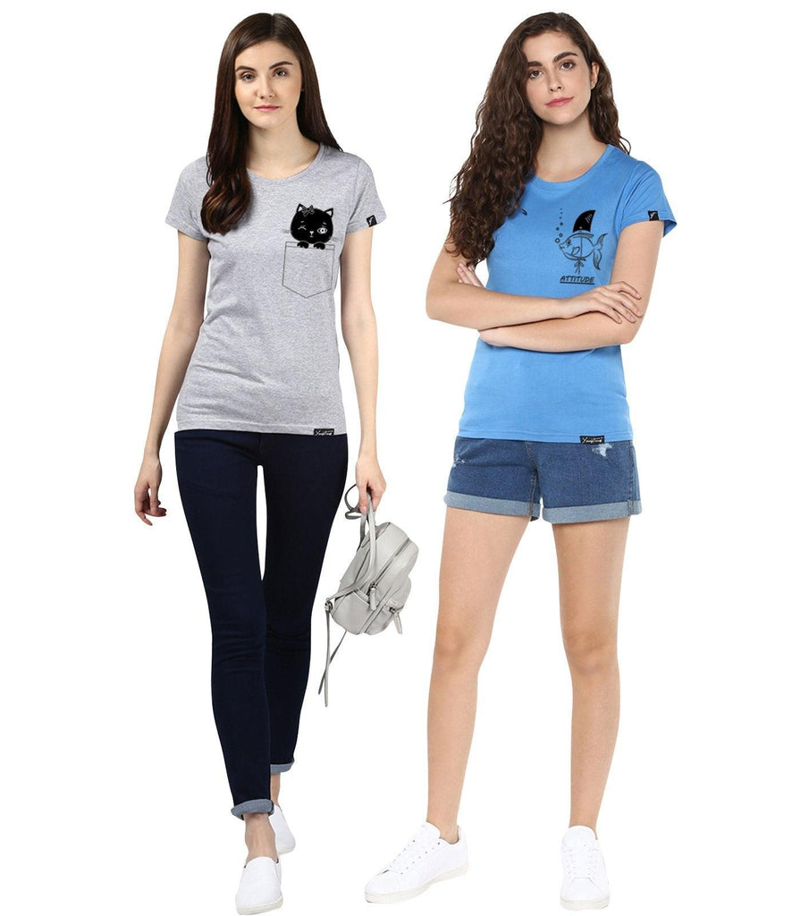 Young Trendz Womens Combo Half Sleeve Cat Printed Grey Color and Fish Printed Skyblue Color Tshirts - Young Trendz
