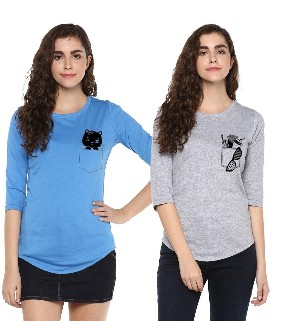 Young Trendz Womens Combo 3/4th Sleeve Cat Printed Sky Blue Color and Frenchfry Printed Grey Color Tshirts - Young Trendz