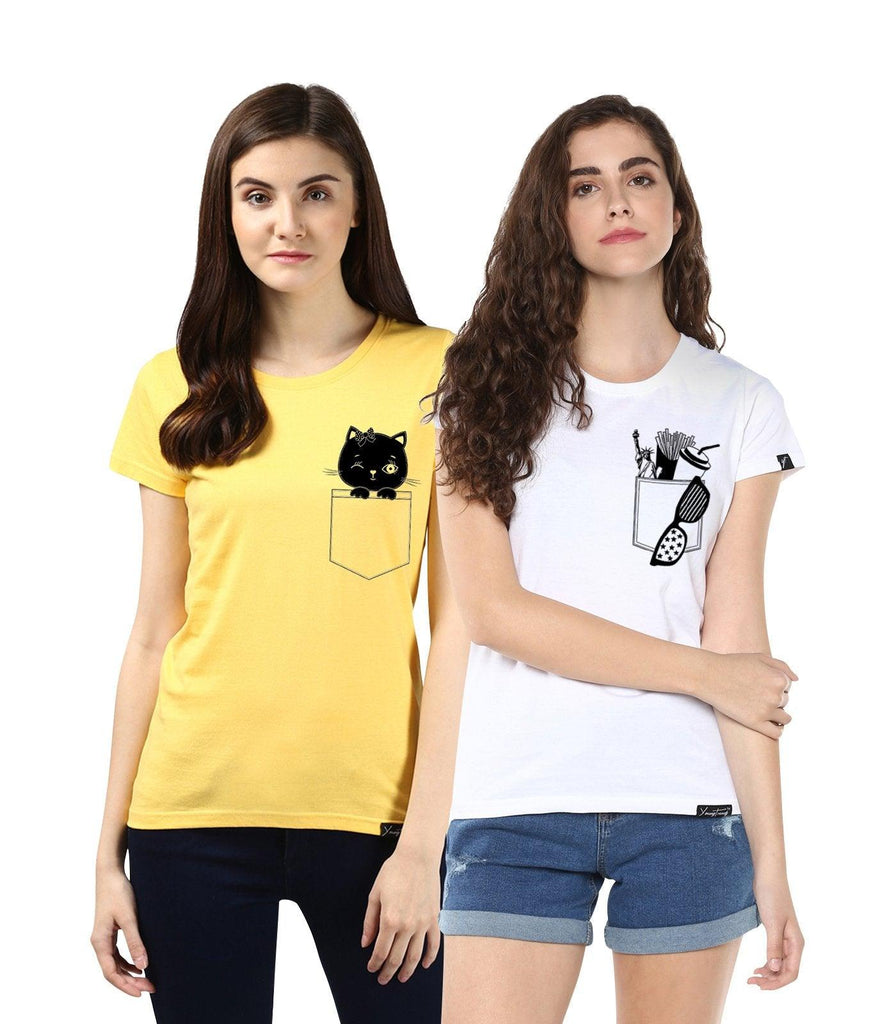 Young Trendz Womens Combo Half Sleeve Cat Printed Yellow Color and Frenchfry Printed White Color Tshirts - Young Trendz
