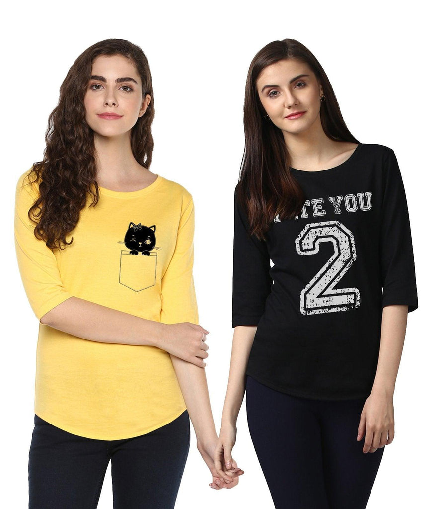 Young Trendz Womens Combo 3/4th Sleeve Cat Printed Yellow Color and Hateyou2 Printed Black Color Tshirts - Young Trendz
