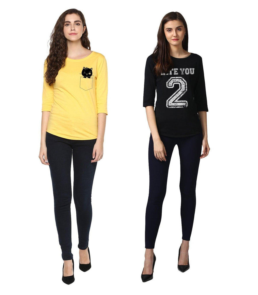 Young Trendz Womens Combo 3/4th Sleeve Cat Printed Yellow Color and Hateyou2 Printed Black Color Tshirts - Young Trendz