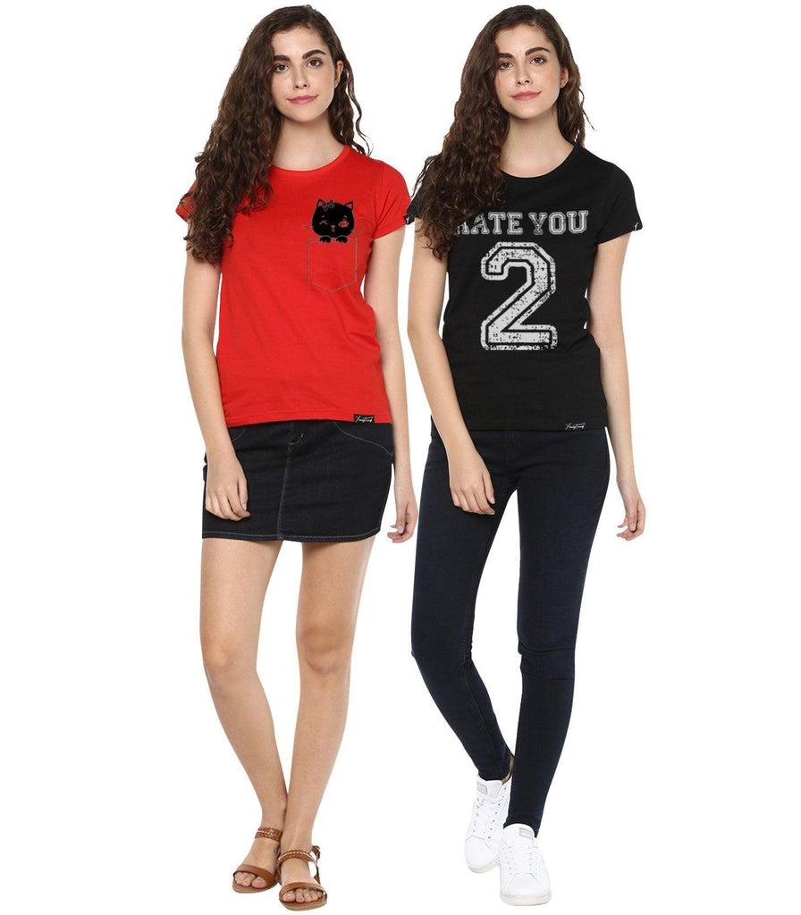 Young Trendz Womens Combo Half Sleeve Cat Printed Red Color and Hateu2 Printed Black Color Tshirts - Young Trendz
