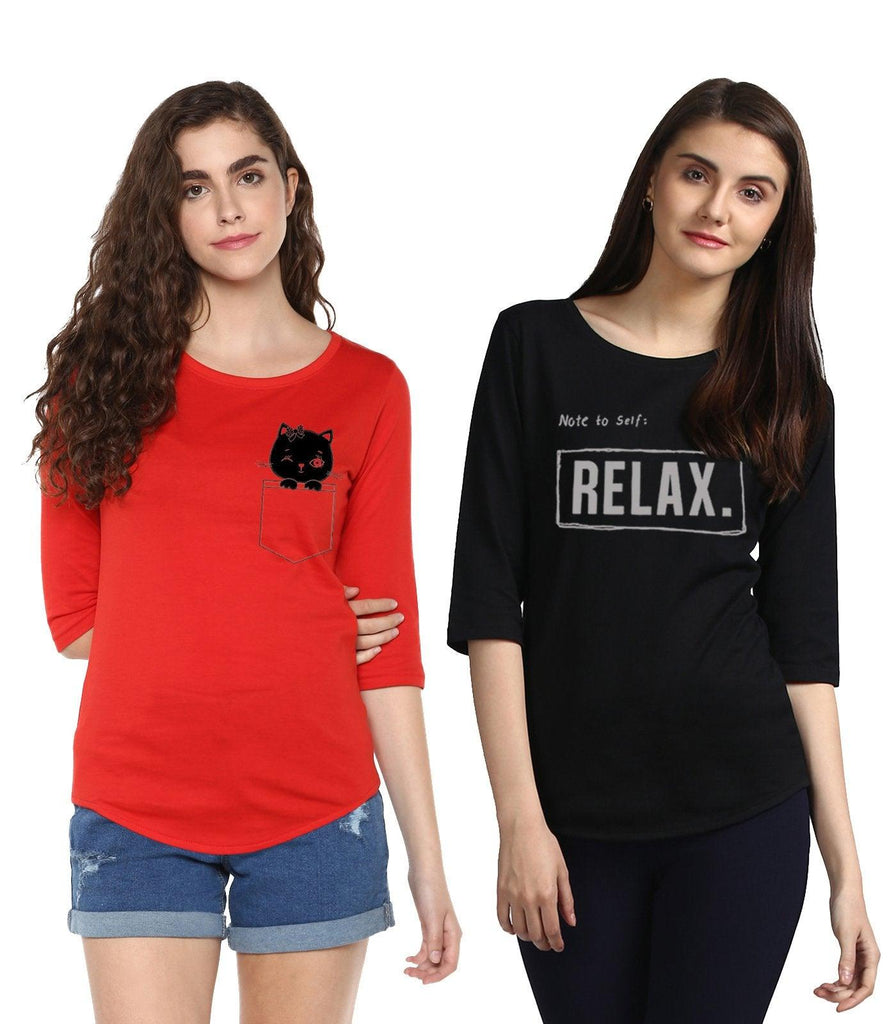 Young Trendz Womens Combo 3/4th Sleeve Cat Printed Red Color and Note2relax Printed Black Color Tshirts - Young Trendz