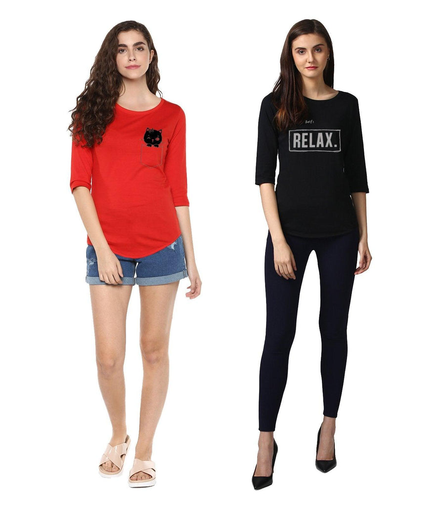 Young Trendz Womens Combo 3/4th Sleeve Cat Printed Red Color and Note2relax Printed Black Color Tshirts - Young Trendz