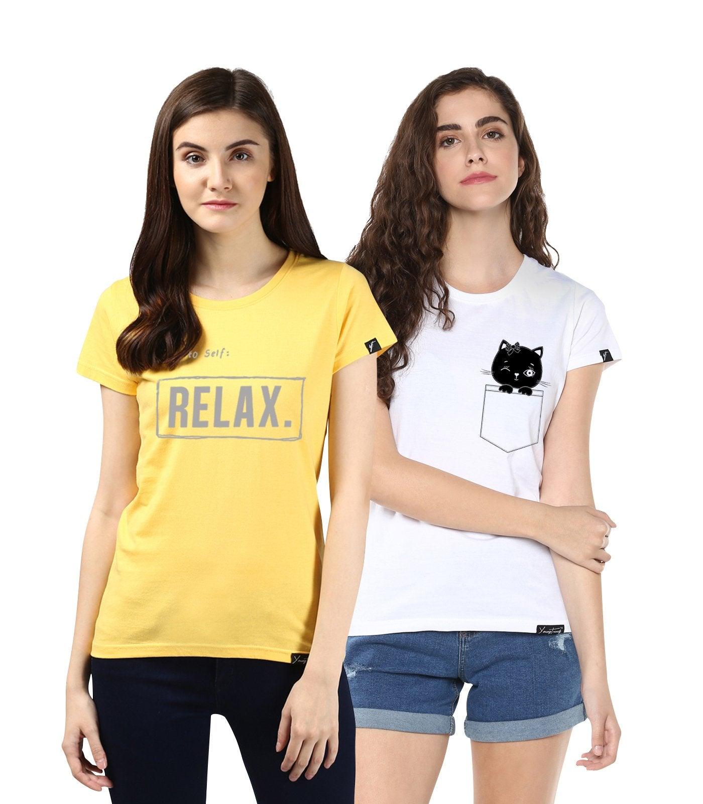 Young Trendz Womens Combo Half Sleeve Cat Printed White Color and Noterelax Printed Yellow Color Tshirts - Young Trendz