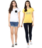 Young Trendz Womens Combo Half Sleeve Cat Printed White Color and Noterelax Printed Yellow Color Tshirts - Young Trendz