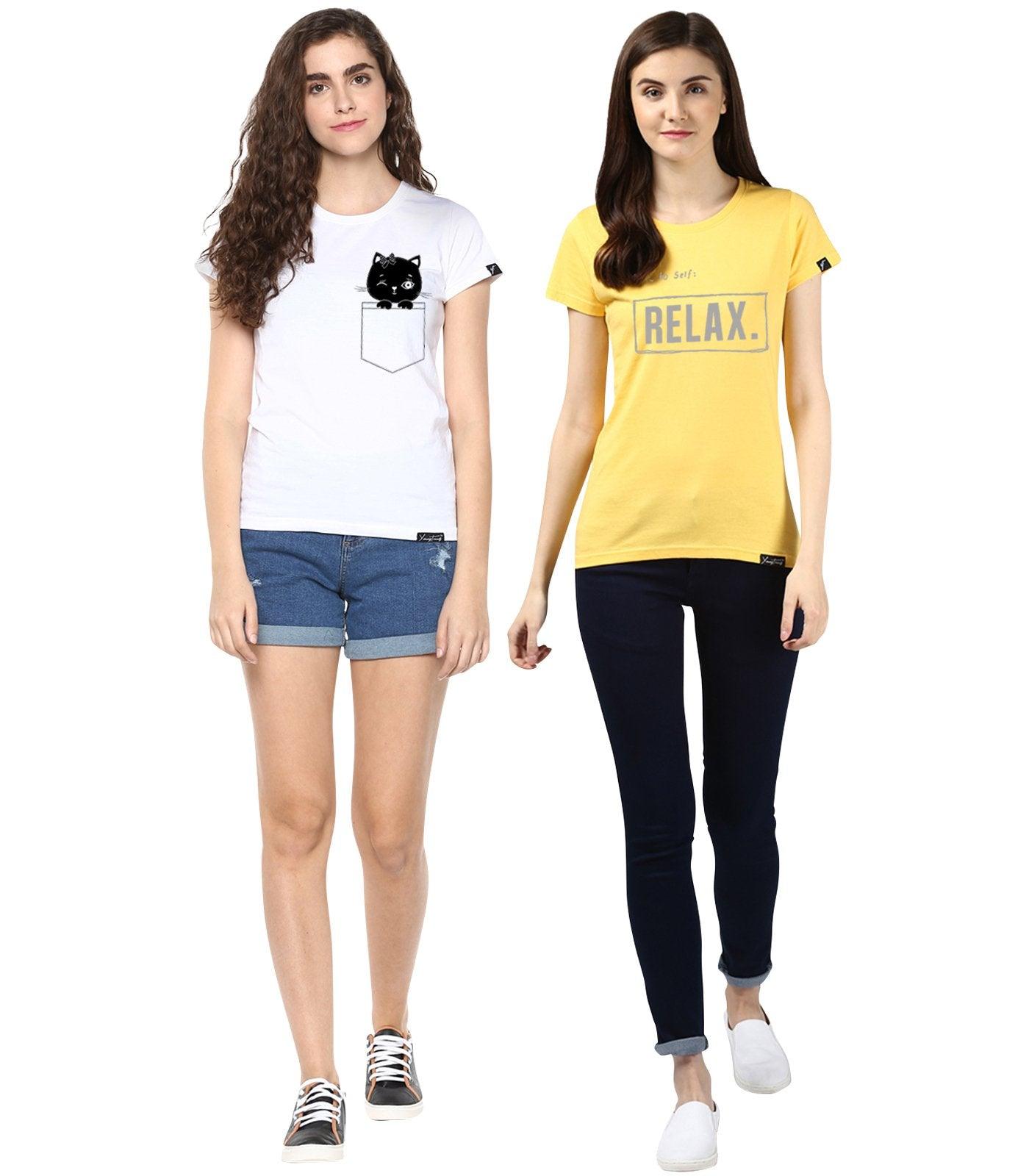 Young Trendz Womens Combo Half Sleeve Cat Printed White Color and Noterelax Printed Yellow Color Tshirts - Young Trendz