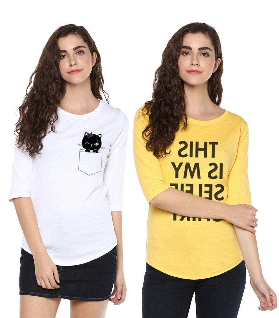 Young Trendz Womens Combo 3/4th Sleeve Cat Printed White Color and Selfie Printed Yellow Color Tshirts - Young Trendz