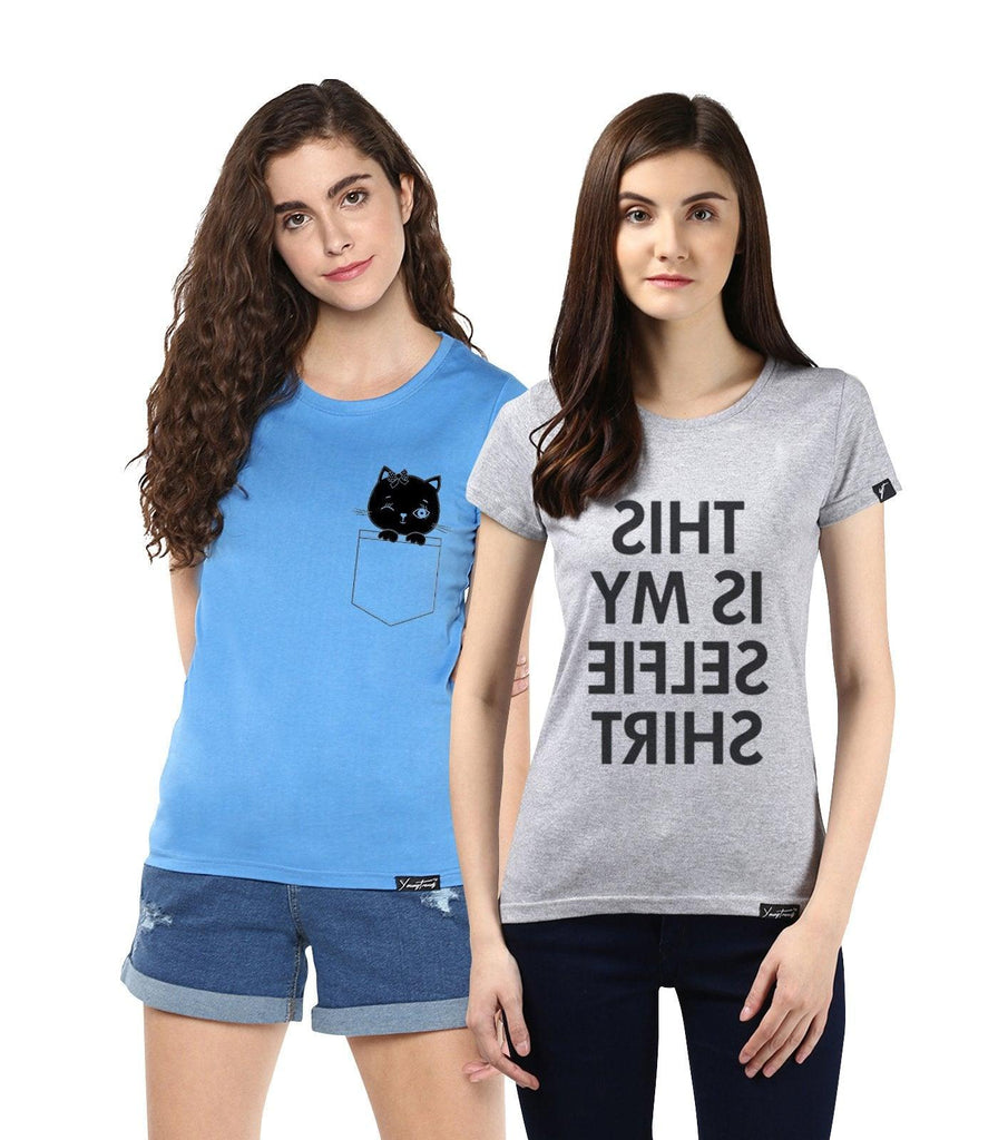 Young Trendz Womens Combo Half Sleeve Cat Printed Skyblue Color and Selfie Printed Grey Color Tshirts - Young Trendz