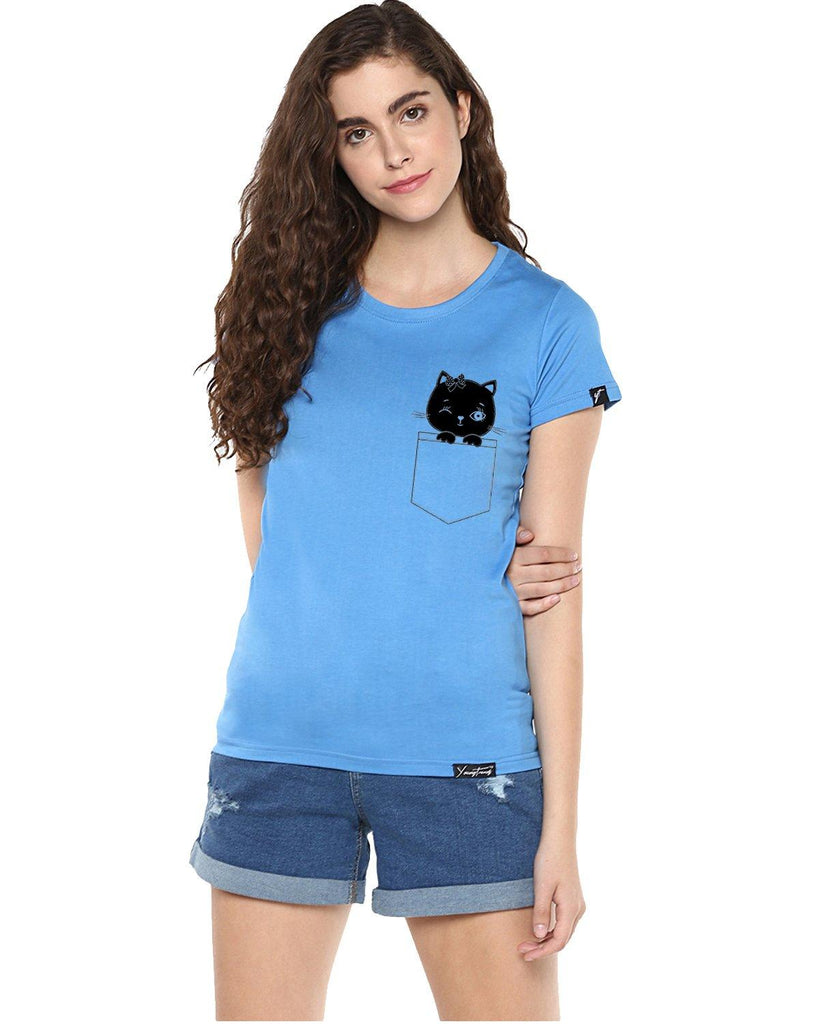 Womens Half Sleeve Cat Printed Blue Color Tshirts - Young Trendz