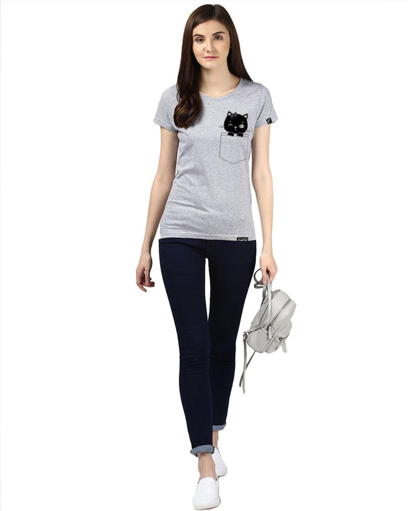 Womens Half Sleeve Cat Printed Grey Color Tshirts - Young Trendz