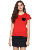 Womens Half Sleeve Cat Printed Red Color Tshirts - Young Trendz