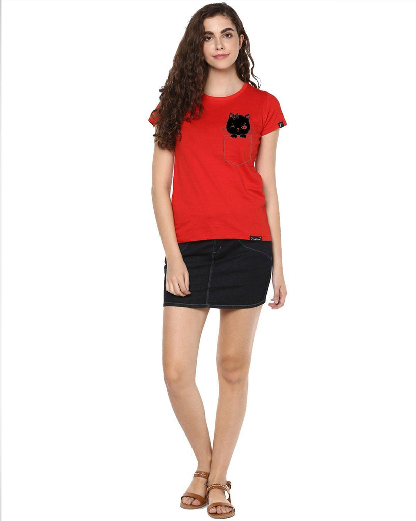 Womens Half Sleeve Cat Printed Red Color Tshirts - Young Trendz