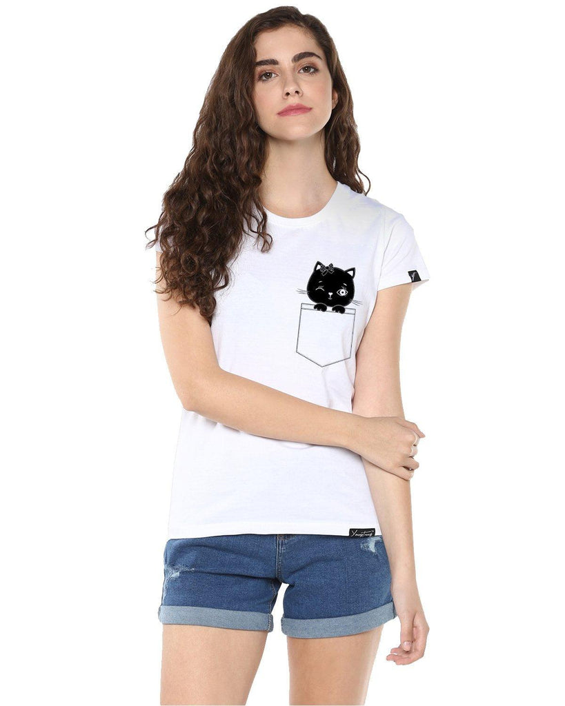 Womens Half Sleeve Cat Printed White Color Tshirts - Young Trendz