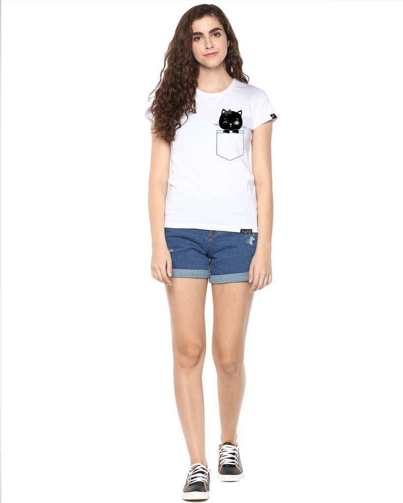 Womens Half Sleeve Cat Printed White Color Tshirts - Young Trendz