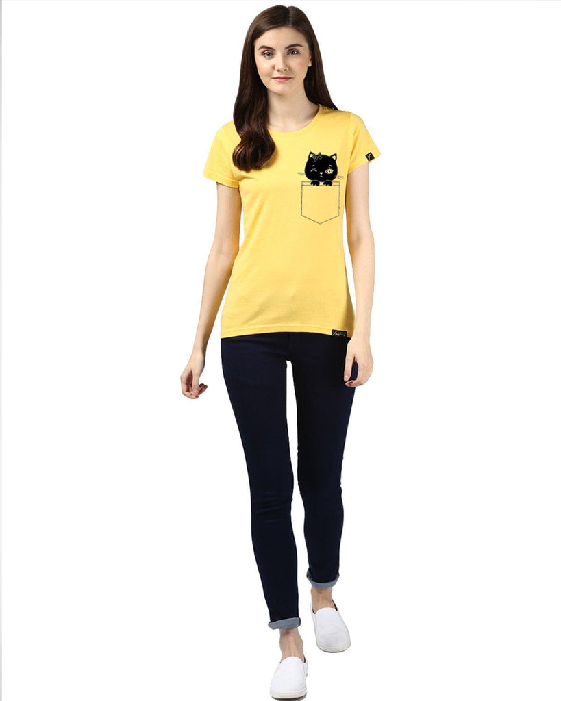 Womens Half Sleeve Cat Printed Yellow Color Tshirts - Young Trendz