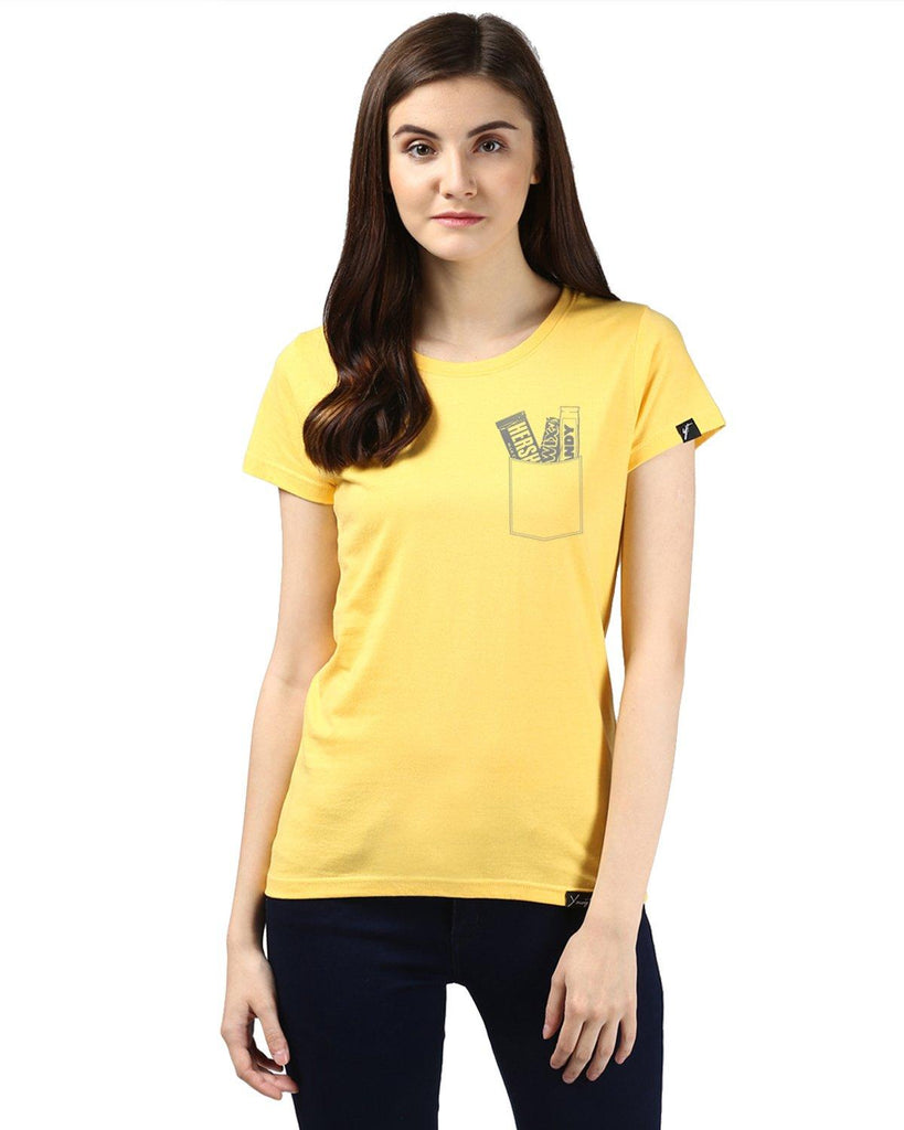 Womens Half Sleeve Chocolate Printed Yellow Color Tshirts - Young Trendz