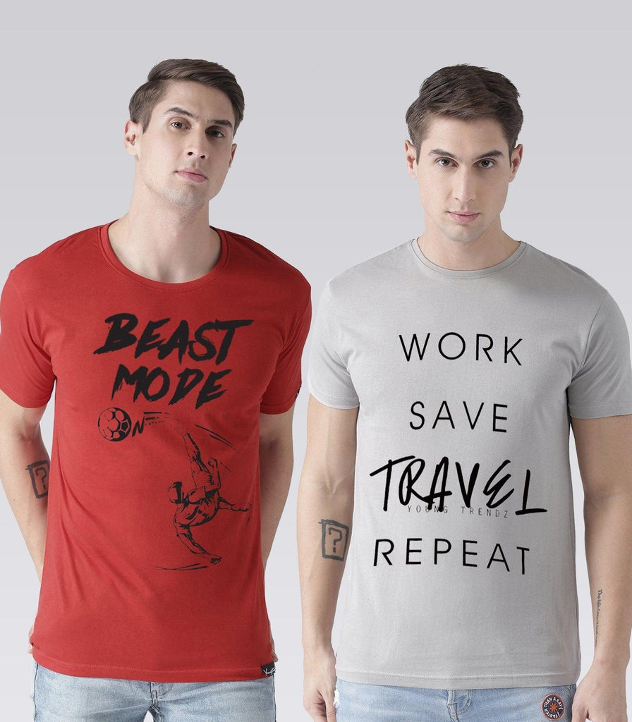 Young Trendz Mens Combo Beast Red Color and Travel Steel Grey Color Half Sleeve Printed T-Shirts - Young Trendz