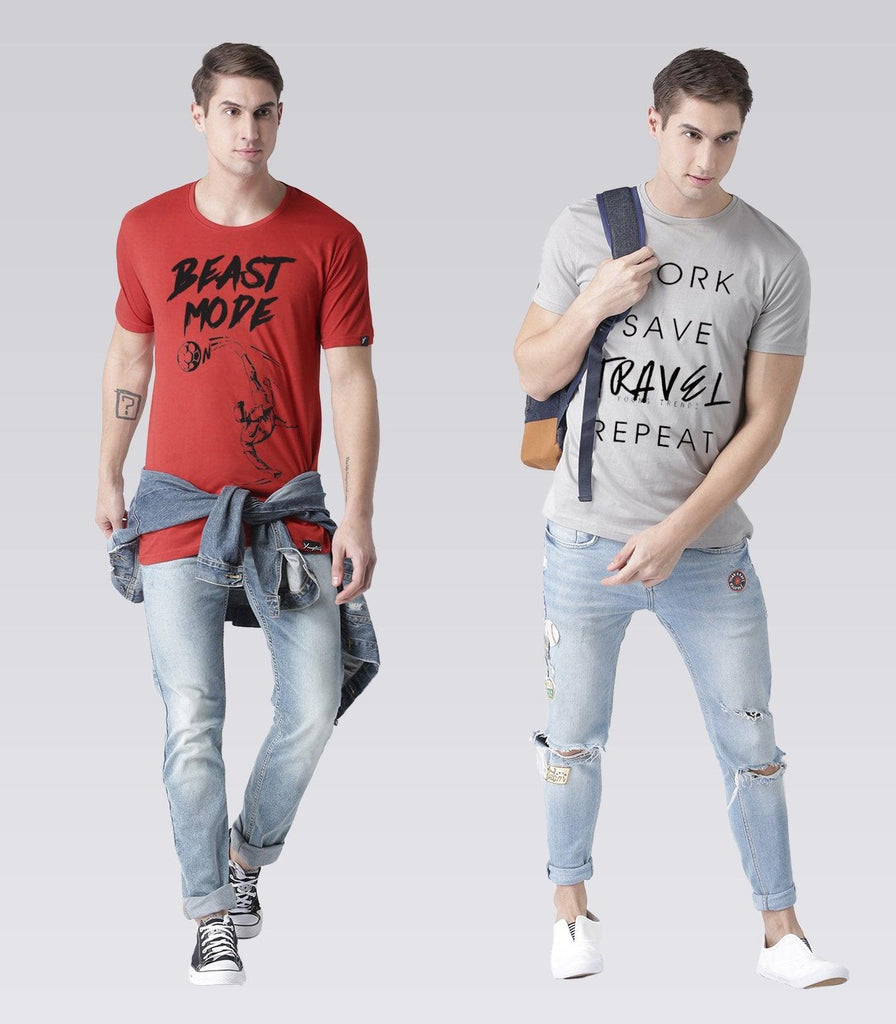 Young Trendz Mens Combo Beast Red Color and Travel Steel Grey Color Half Sleeve Printed T-Shirts - Young Trendz