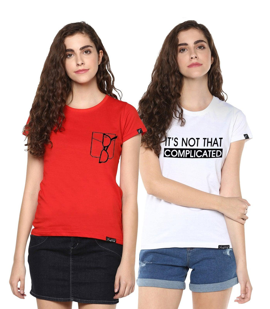 Young Trendz Womens Combo Half Sleeve Complicate Printed White Color and Glass Printed Red Color Tshirts - Young Trendz