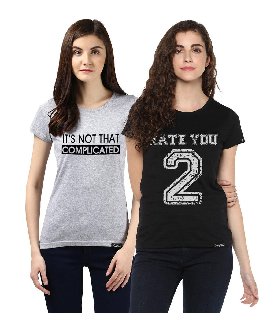 Young Trendz Womens Combo Half Sleeve Complicate Printed Grey Color and Hateu2 Printed Black Color Tshirts - Young Trendz