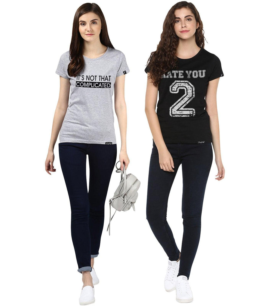 Young Trendz Womens Combo Half Sleeve Complicate Printed Grey Color and Hateu2 Printed Black Color Tshirts - Young Trendz